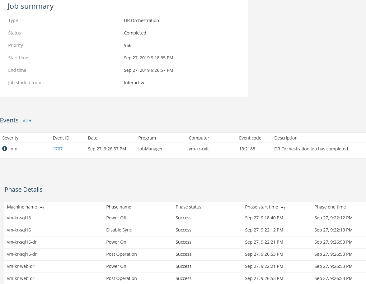 The "Job summary" shows information about the disaster recovery event, including Type, Priority, "Start time", and "End time".