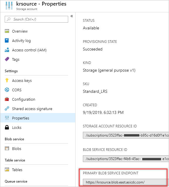 Screenshot that shows the primary blob endpoint for the source and target storage accounts.