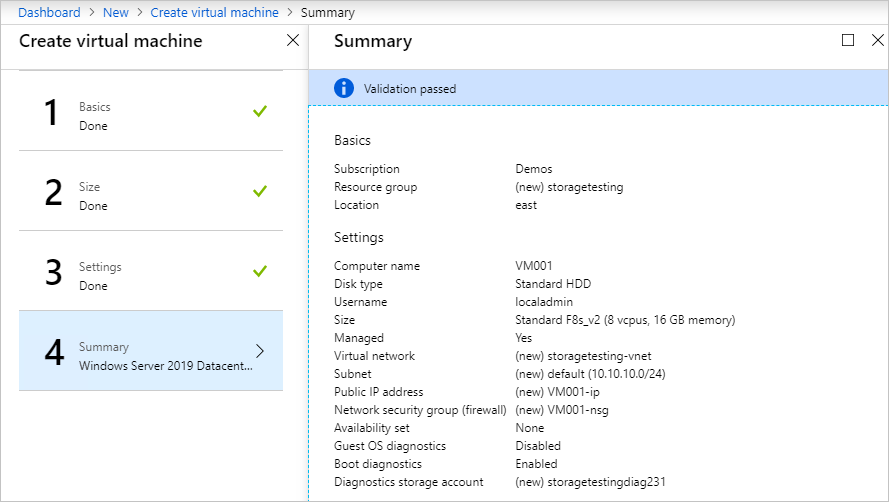 The "Dashboard > New > Create virtual machine > Summary" dialog box states "Validation passed" and displays information about VM001.