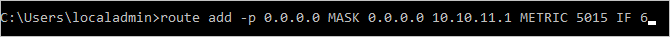 The route add command is issued with ipaddress value 10.10.11.1, and interface number 6.