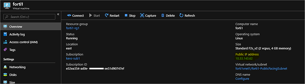 The forti1 virtual machine Overview page show values for forti1, such as the "Resource group" and Status.