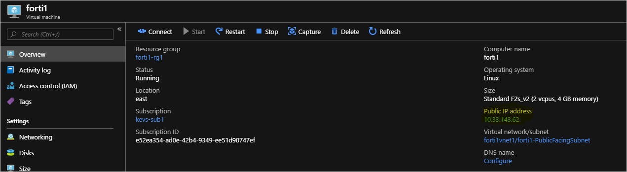 The forti1 overview page shows the resource group, status, and so on.