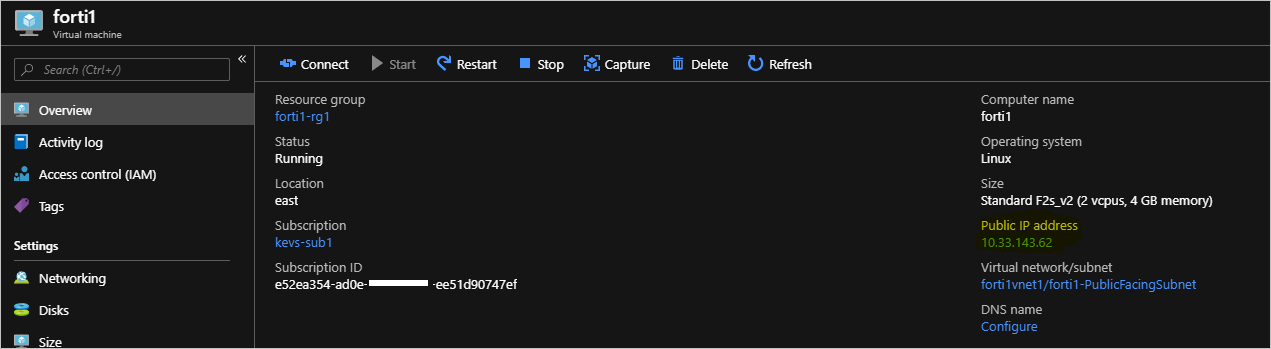 The forti1 virtual machine Overview page show values for forti1, such as the "Resource group" and Status.