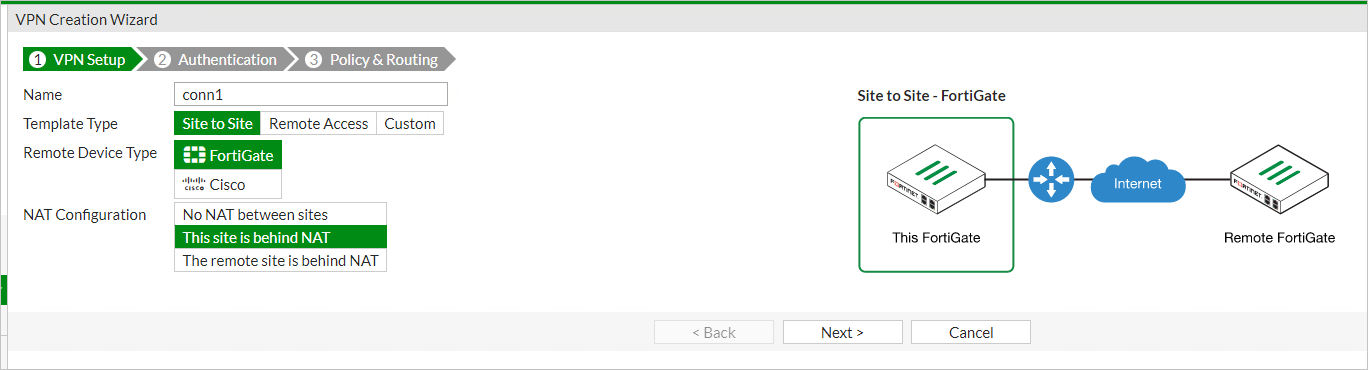 The screenshot of the VPN Creation Wizard shows it to be on the first step, VPN Setup. The following values are selected: "Site to Site" for Template Type, "FortiGate" for Remote Device Type, and "This site is behind NAT" for NAT Configuration.