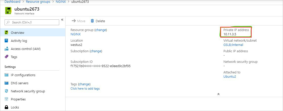 The Overview page of the "Dashboard > Resource groups > NGINX > ubuntu2673" dialog box shows information about the ubuntu2673 network interface.