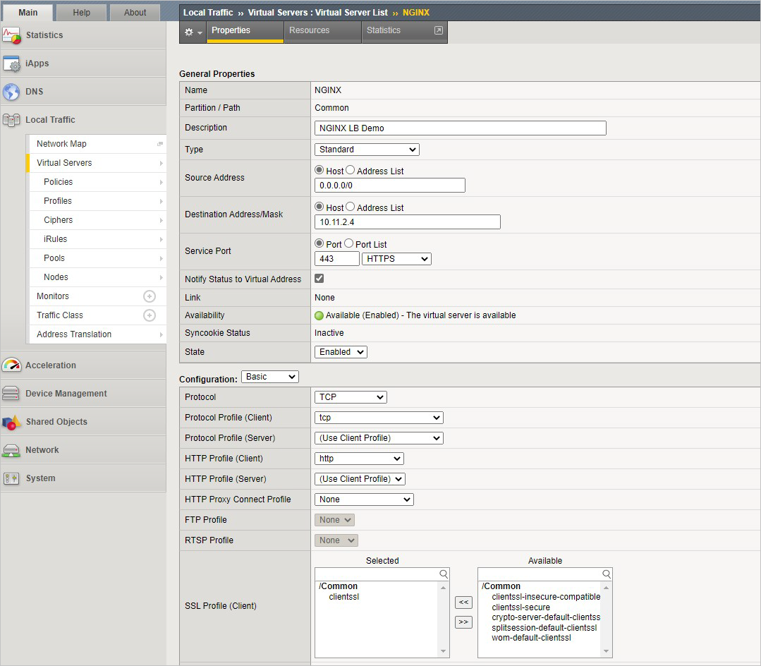 The left pane is used to navigate the right pane to "Local Traffic >> Virtual Servers : Virtual Server List >> NGINX", where the required information is entered.