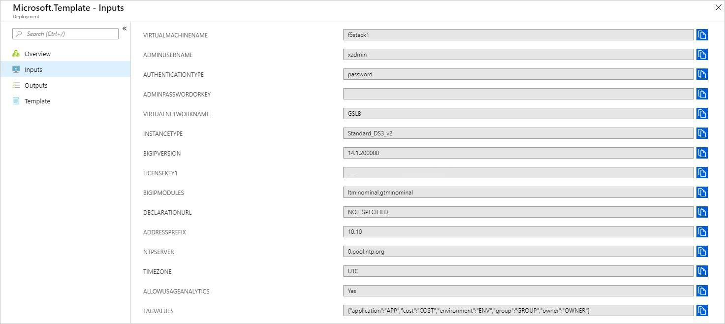 The Inputs page of the Microsoft.Template dialog box shows 15 text boxes, such as VIRTUALMACHINENAME and ADMINUSERNAME, that contain values for an example deployment.