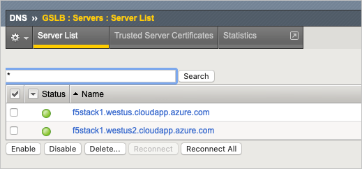 The "DNS >> GSLB : Servers : Server List" dialog box lists servers and status. There are Enable, Disable, Delete, and Reconnect buttons to apply against selected servers.