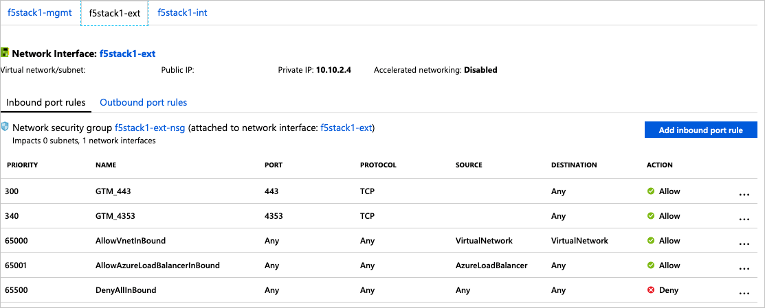 The fStack1-ext page of the Network Interface dialog box shows information about the fstack1-ext interface, and about its NSG, fstack1-ext-nsg. There are tabs to select viewing either the Inbound port rules or the Outbound port rules.