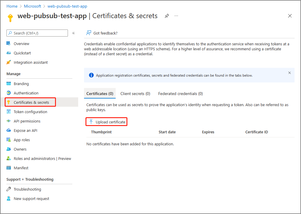 Screenshot that shows uploading a certificate.