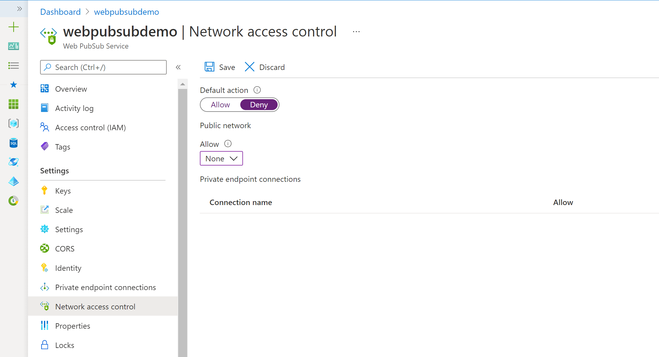 Screenshot that shows the Network access control pane in the Azure portal.