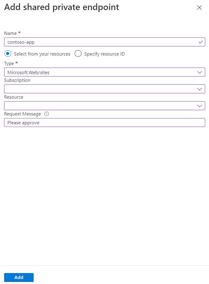 Screenshot that shows adding a shared private endpoint.