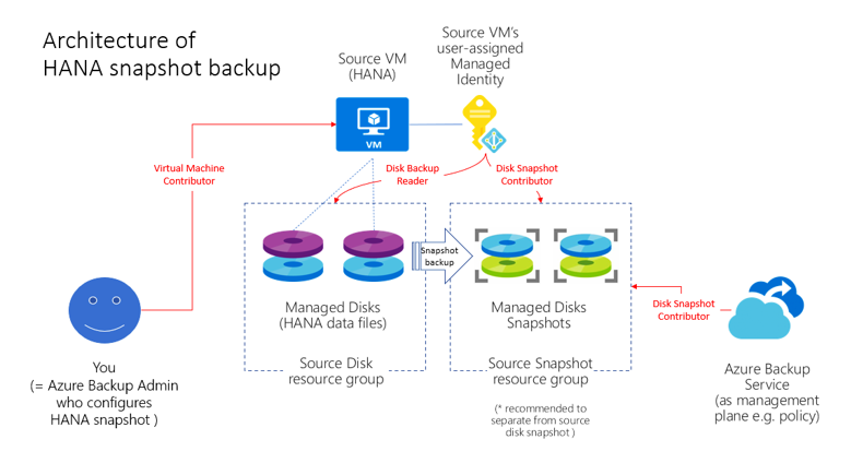 Diagram shows the SAP HANA database instance snapshot backup architecture.