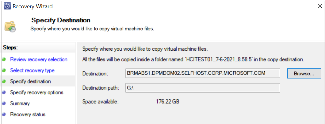 Screenshot shows how to specify location to recover files from Hyper-v VM.
