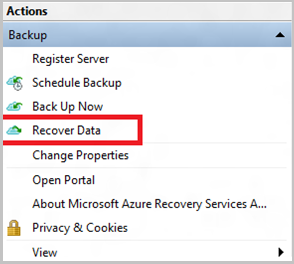 Screenshot of Microsoft Azure Backup, with Recover Data highlighted (restore to alternate machine)