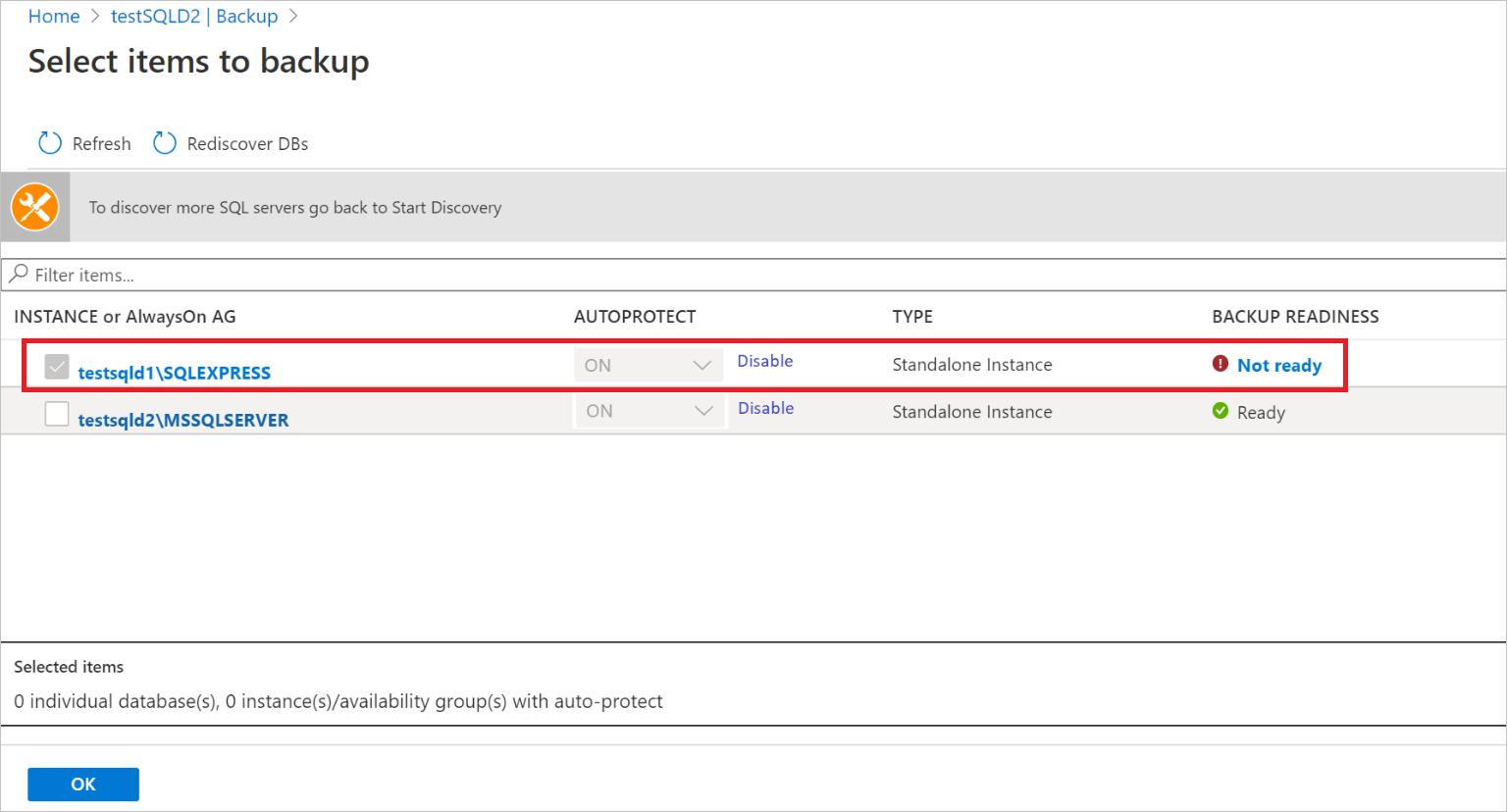 Screenshot shows that the backup readiness isn't ready.