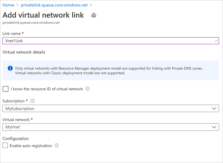 Screenshot shows how to add virtual network links to DNS zones configuration.