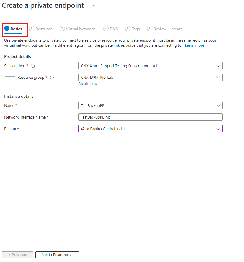 Screenshot shows the private endpoint basics configuration page.