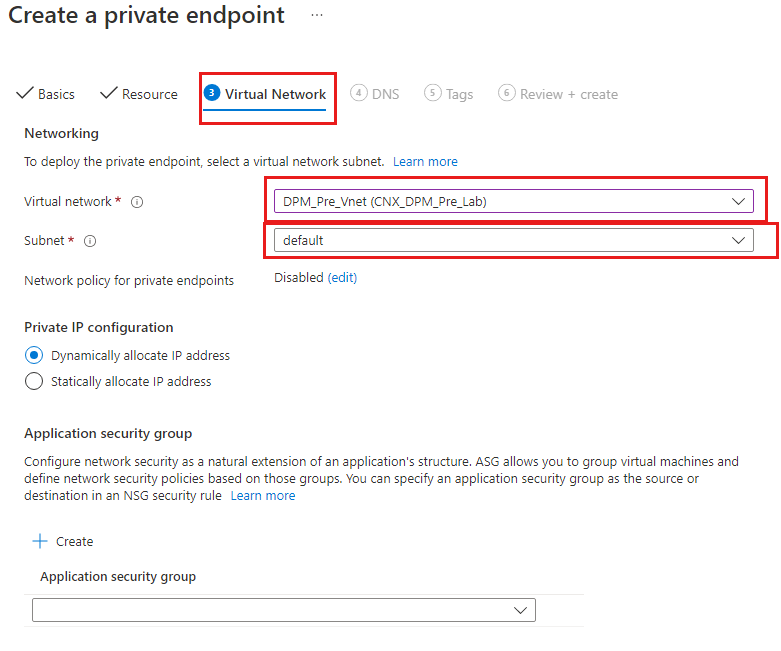 Screenshot shows the private endpoint configuration settings for virtual network and subnet.