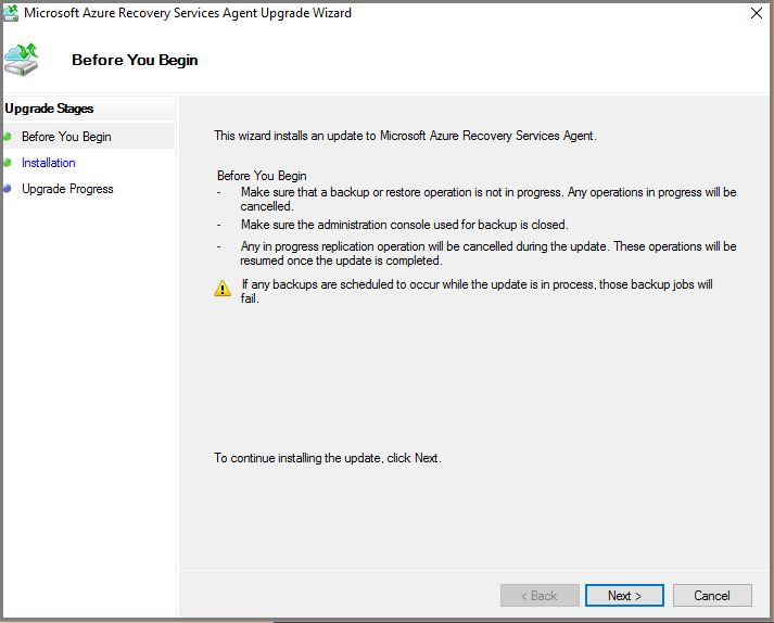 Screenshot shows the Azure Recovery Services Agent setup wizard.