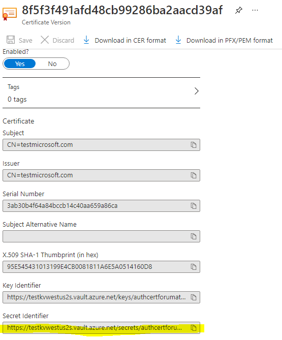 Screenshot showing the Secret Identifier of a certificate.