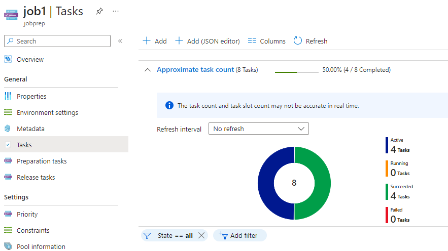 Screenshot showing job task progress in the Azure portal.
