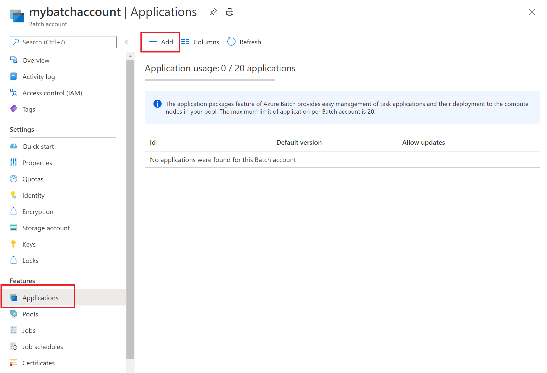 Screenshot of the Applications section of the batch account.