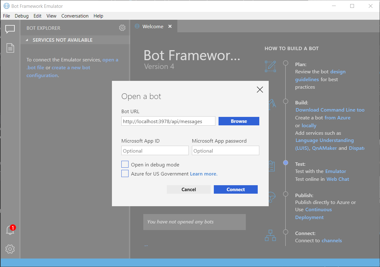 Emulator open-a-bot dialog