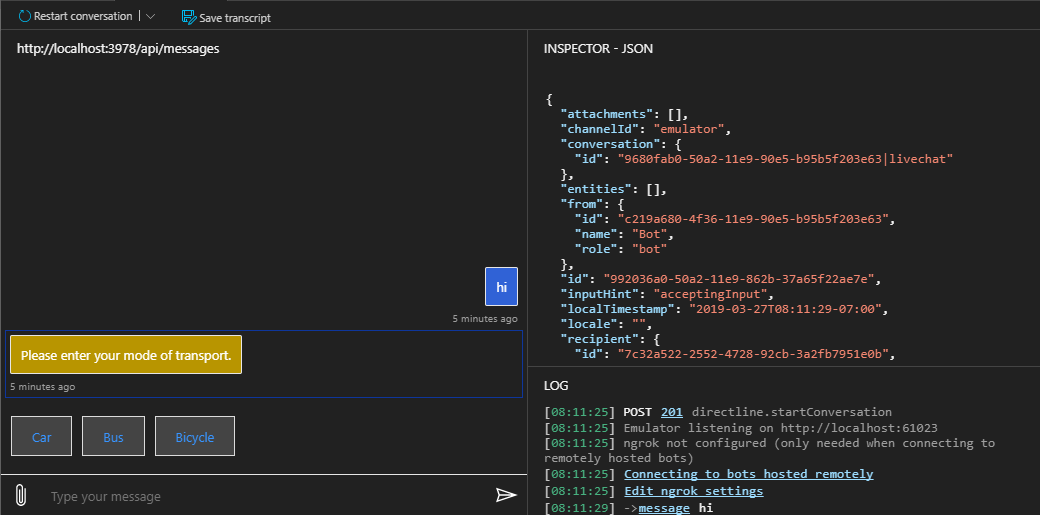 Emulator message activity JSON