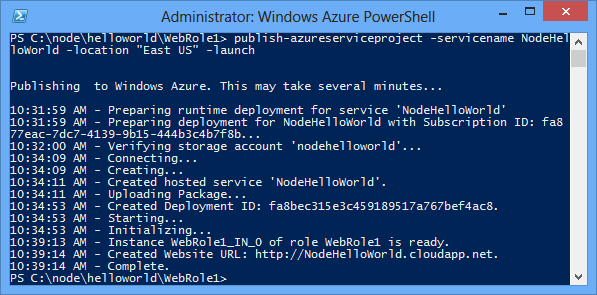 The output of the Publish-AzureService command