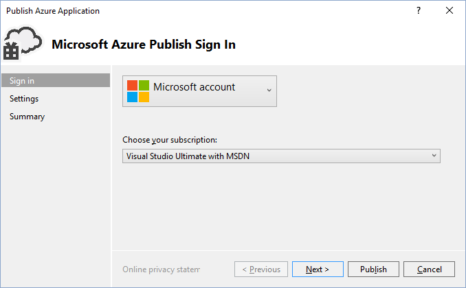 Azure Publish Sign In