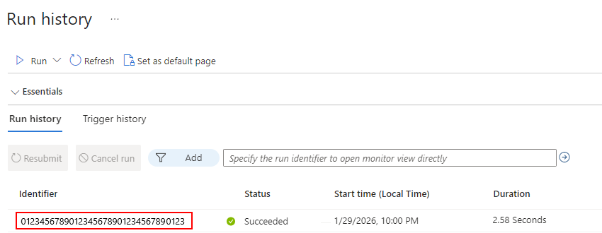 Screenshot shows Run history list for Standard workflow.