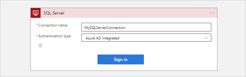 Screenshot showing the Azure portal, workflow designer, and "SQL Server" cloud connection information with selected authentication type for Consumption.