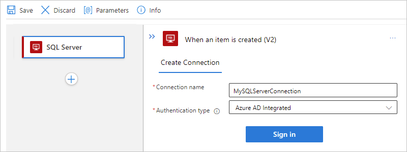 Screenshot showing the Azure portal, workflow designer, and "SQL Server" cloud connection information with selected authentication type for Standard.