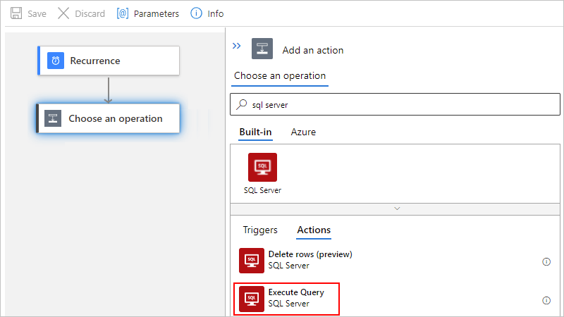 Screenshot showing the designer search box with "sql server" and "Built-in" selected underneath with the "Execute query" action selected in the "Actions" list.