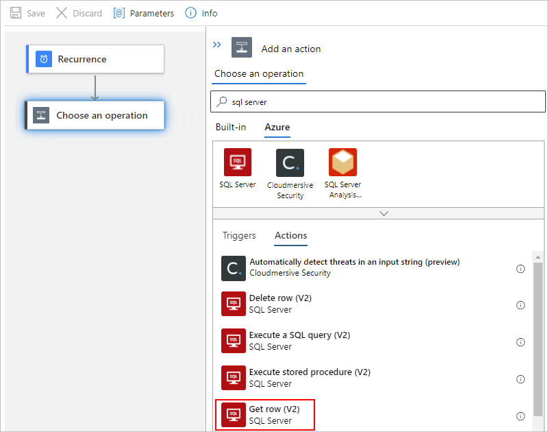 Screenshot showing the designer search box with "sql server" and "Azure" selected underneath with the "Get row" action selected in the "Actions" list.