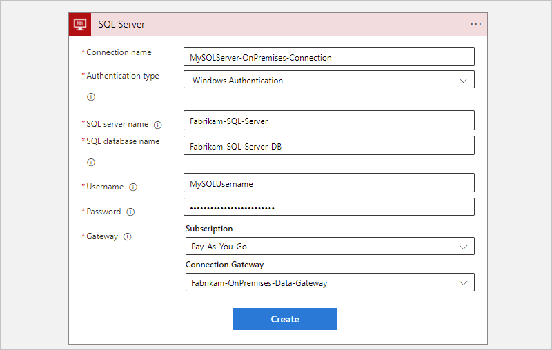 Screenshot showing the Azure portal, workflow designer, and "SQL Server" on-premises connection information with selected authentication for Consumption.