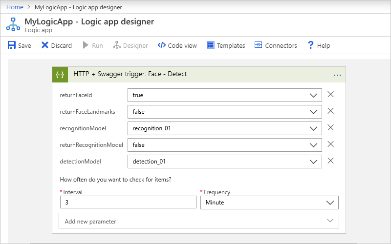 Screenshot that shows the workflow designer with the "H T T P + Swagger" trigger that displays the "Face - Detect" operation.