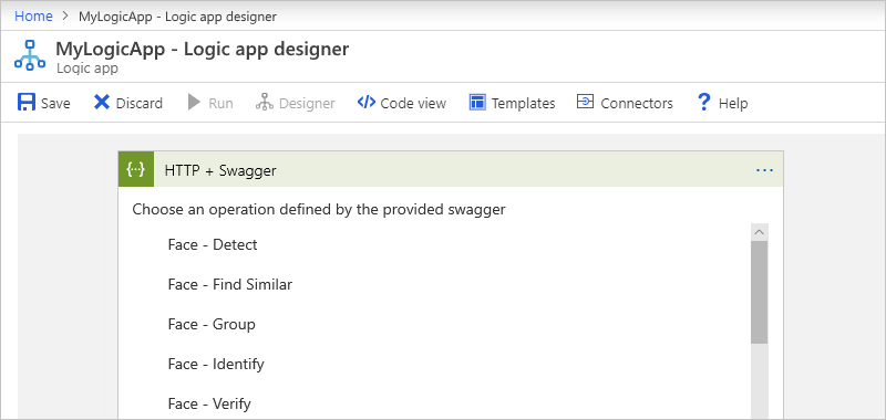 Screenshot that shows the workflow designer with the "H T T P + Swagger" trigger and a list that displays Swagger operations.