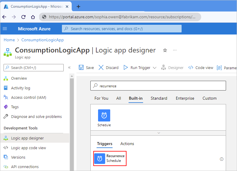 Screenshot for Consumption logic app workflow designer with "Recurrence" trigger selected.