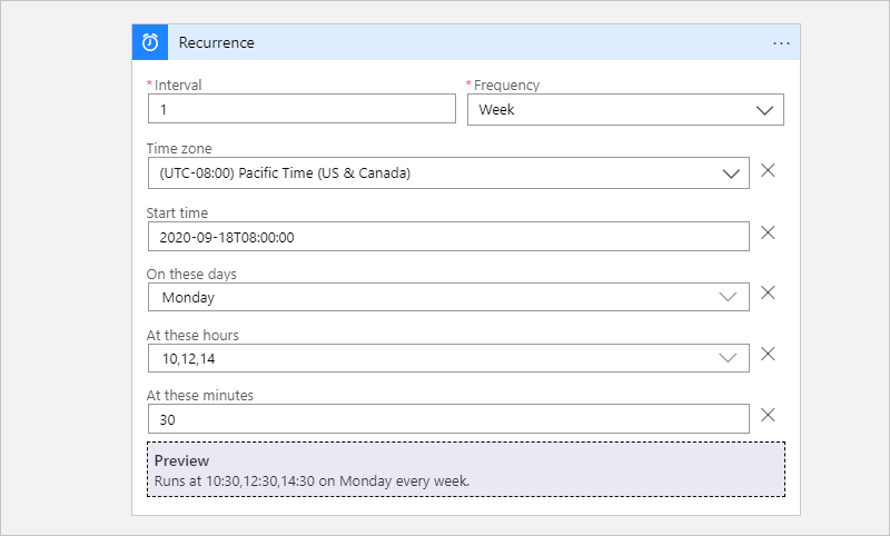 Screenshot showing Consumption workflow and "Recurrence" trigger with advanced scheduling example.