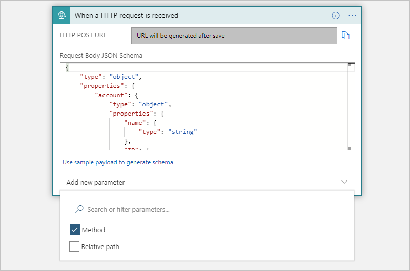 Screenshot showing Consumption workflow, Request trigger, and adding the "Method" parameter.