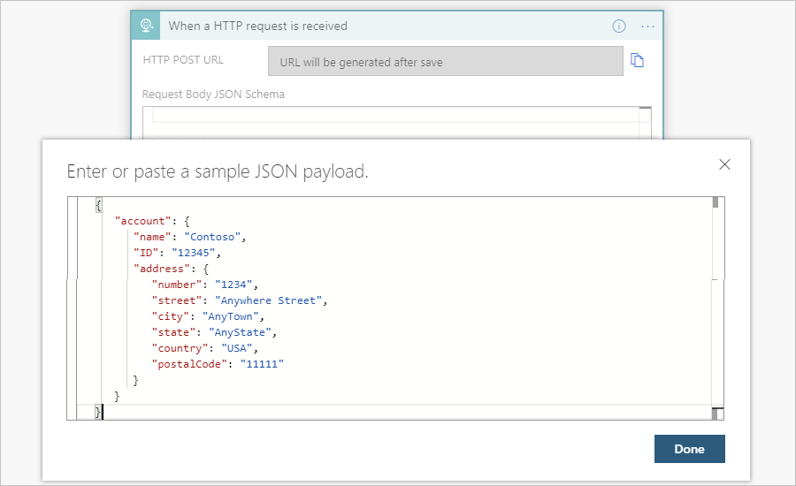 Screenshot showing Consumption workflow, Request trigger, and sample payload entered to generate schema.