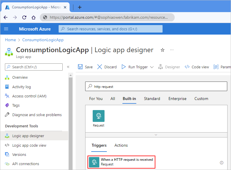 Screenshot showing Azure portal, Consumption workflow designer, search box with "http request" entered, and "When a HTTP request" trigger selected.