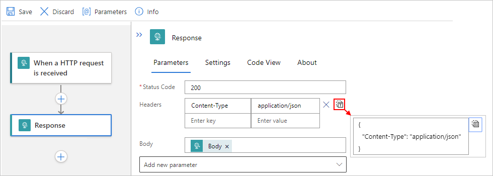 Screenshot showing Azure portal, Standard workflow, and Response action headers in "Switch to text" view.