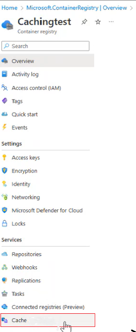 Screenshot for Registry cache in Azure portal.