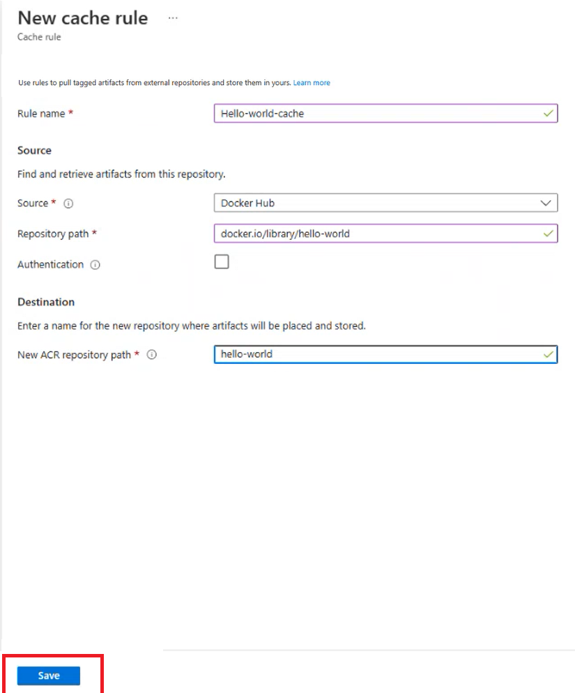 Screenshot to save Cache Rule in Azure portal.