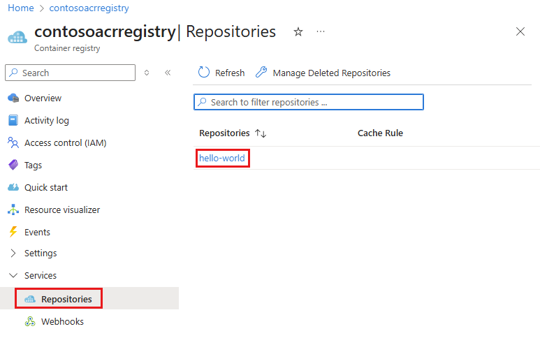 Screenshot showing the container images for a container registry in the Azure portal.