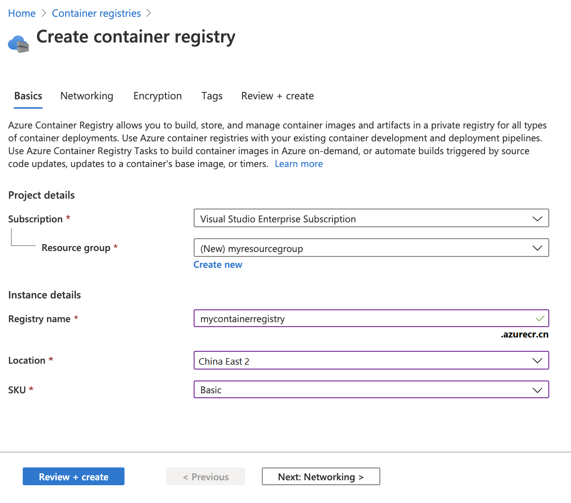 Create container registry in the portal
