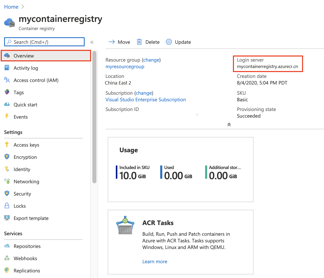 Container registry Overview in the portal